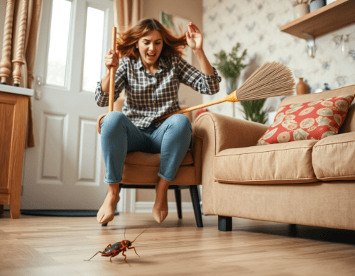 Woman afraid of cockroach