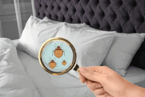 Magnifying glass detecting bed bugs
