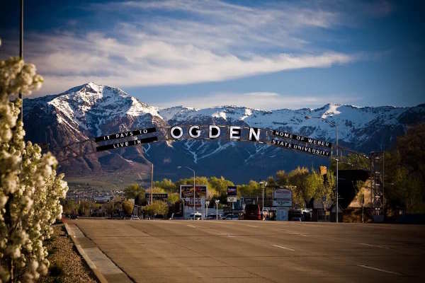 Ogden, Utah, with an arched sign.