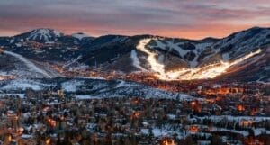 Winter scene of a mountain town at dusk, Park City, Utah.