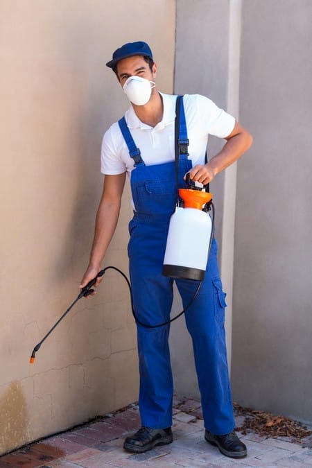 A pest control worker is spraying to protect a home from pests
