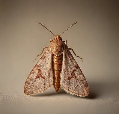 A moth with a distinct brown and tan coloration.