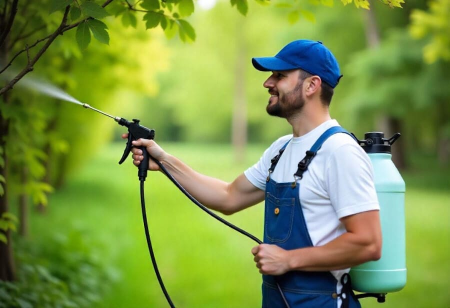 Smiling man spraying a tree with a backpack sprayer in a green park.