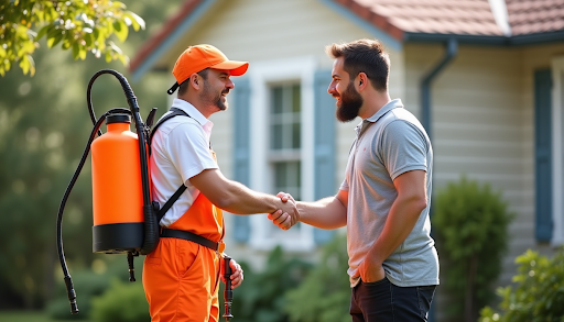 A man in orange overalls and a sprayer shakes another mans hand