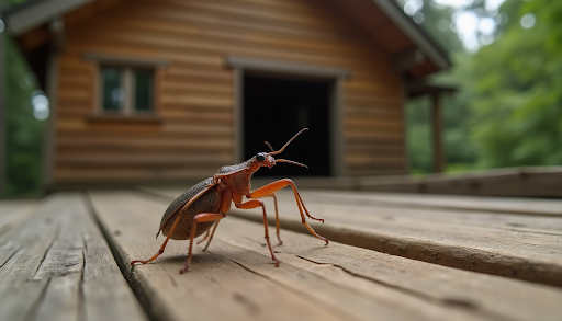 An insect is slightly standing on a wooden deck.