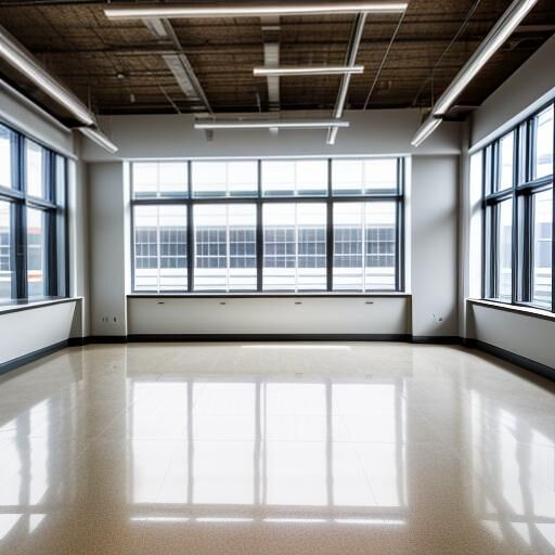 Empty, bright modern office with large windows, polished floor, and exposed ceiling.