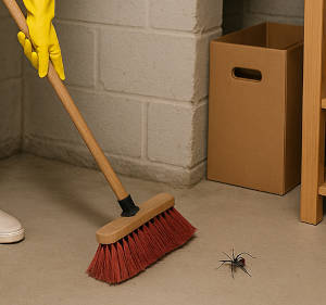 A woman wearing yellow cleaning gloves uses a broom to sweep the floor in a tidy basement, with a small spider on the ground near her.