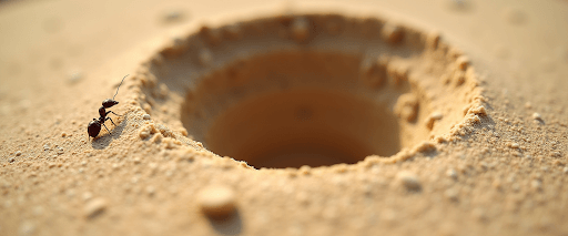 A close-up view of an ant crawling near the entrance of an underground nest in dry, sandy soil.