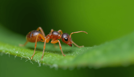 A detailed macro shot of a brown ant on a bright green leaf, useful for pest identification and educational biology content.