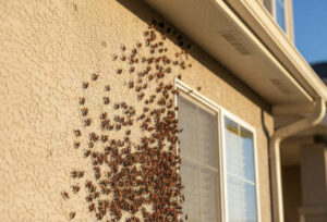 swarm of beetles crawling on the exterior wall of a house
