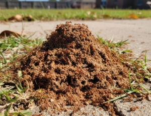 Large dirt ant hill covered in swarming reddish-brown fire ants, near grass and pavement.