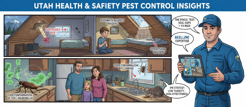 Illustration showing hantavirus risk and asthma triggers in a home environment.