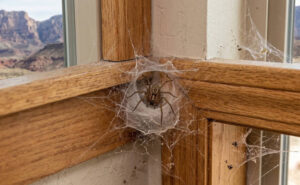 Large spider in messy funnel web inside a wooden window frame, mountains outside.