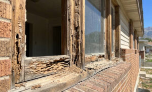 Severely termite-eaten wooden window frame with visible tunnels and mud tubes on a brick house.