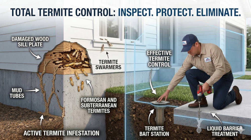 Diagram illustrates termite infestation (damage, mud tubes) and professional control (bait, liquid barrier).