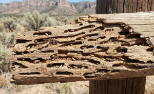 Wood riddled with tunnels and many white termites, against a desert mountain background.