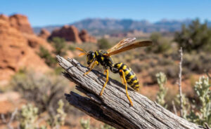 A close-up of a yellow jacket wasp perched on a piece of wood in a natural landscape.